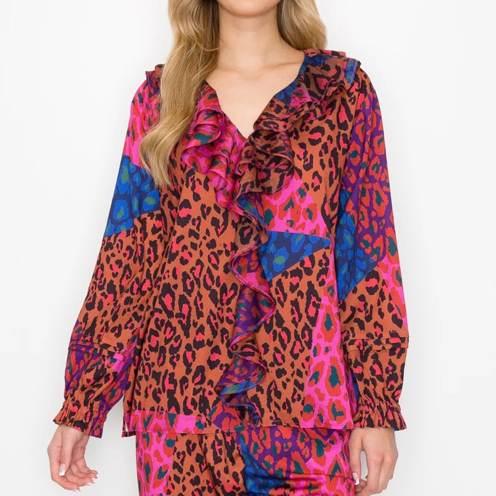 JOH APPAREL Wanice Cascade Ruffle Printed  Charmeuse Top SIZE: LARGE